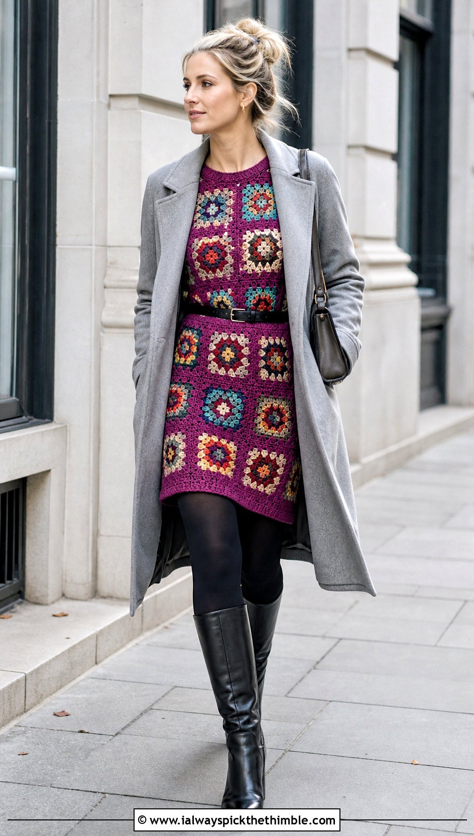 Long Sleeve Granny Square Dress With Tall Boots - 25 crochet granny square dress outfit ideas