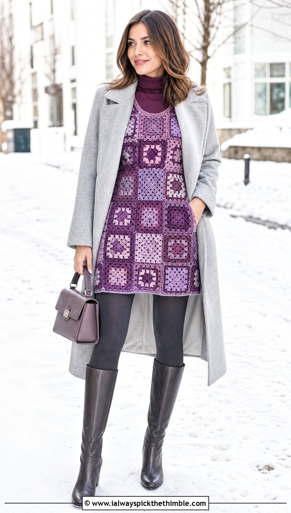 Long Sleeve Granny Square Mini Dress With Knee Boots - 20 Granny Square Crochet Dress outfit ideas