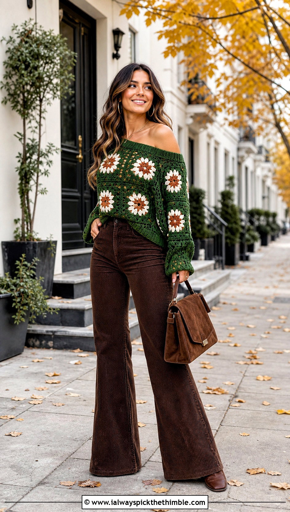 Long Sleeve Granny Square Off The Shoulder Top With Corduroy Flares - 15 Crochet Off The Shoulder Granny Square Top outfit ideas