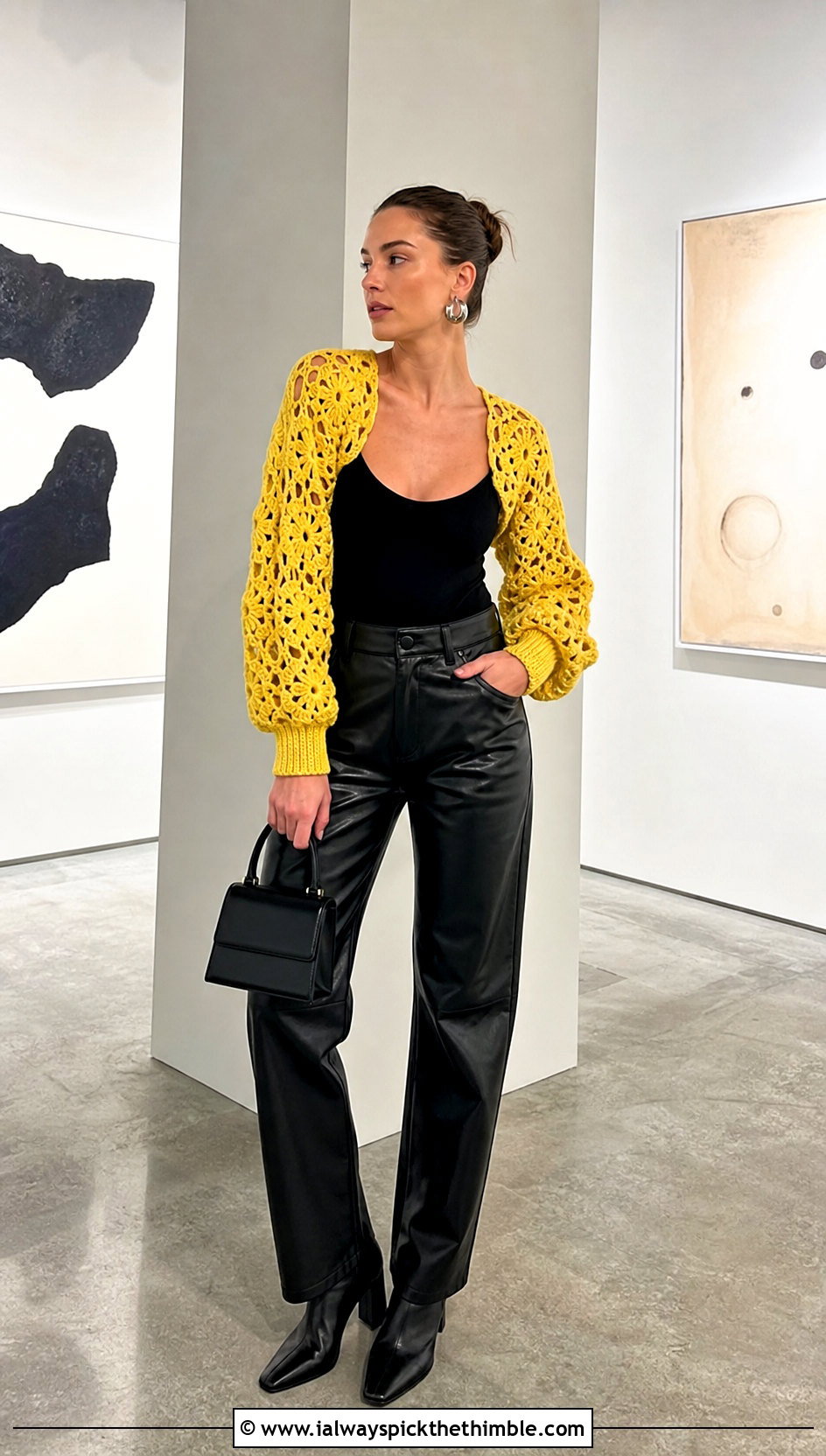 Long Sleeve Granny Square Shrug With Leather Pants - 20 Crochet Granny Shrug outfit ideas