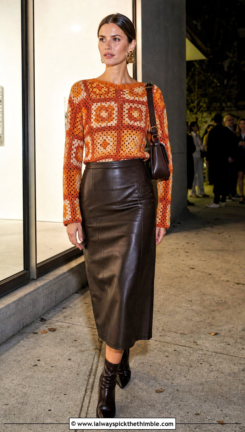 Long Sleeve Granny Square Top With Leather Midi Skirt - 25 granny square top outfit ideas