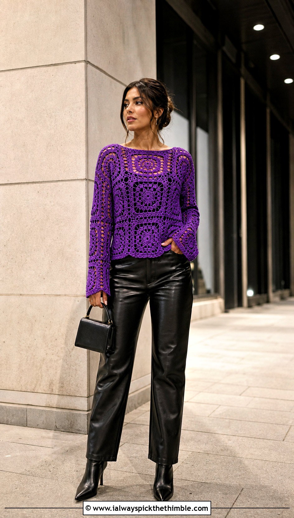 Long Sleeve Granny Square Top With Leather Pants - 20 Crochet Granny Square Tops For Women outfit ideas
