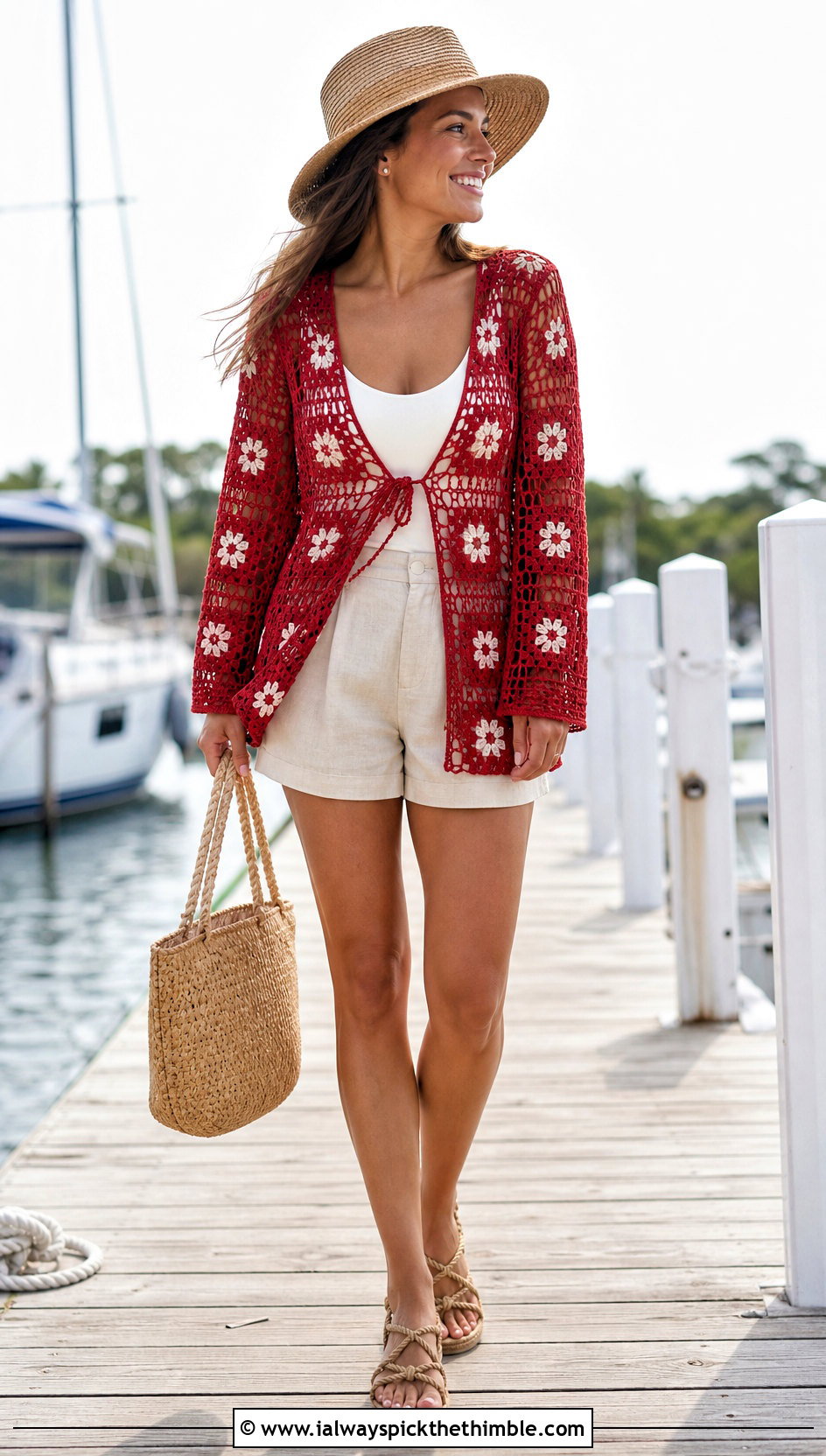 Long Sleeve Granny Square Tunic Cover Up With Linen Shorts - 15 granny square beach cover up outfit ideas