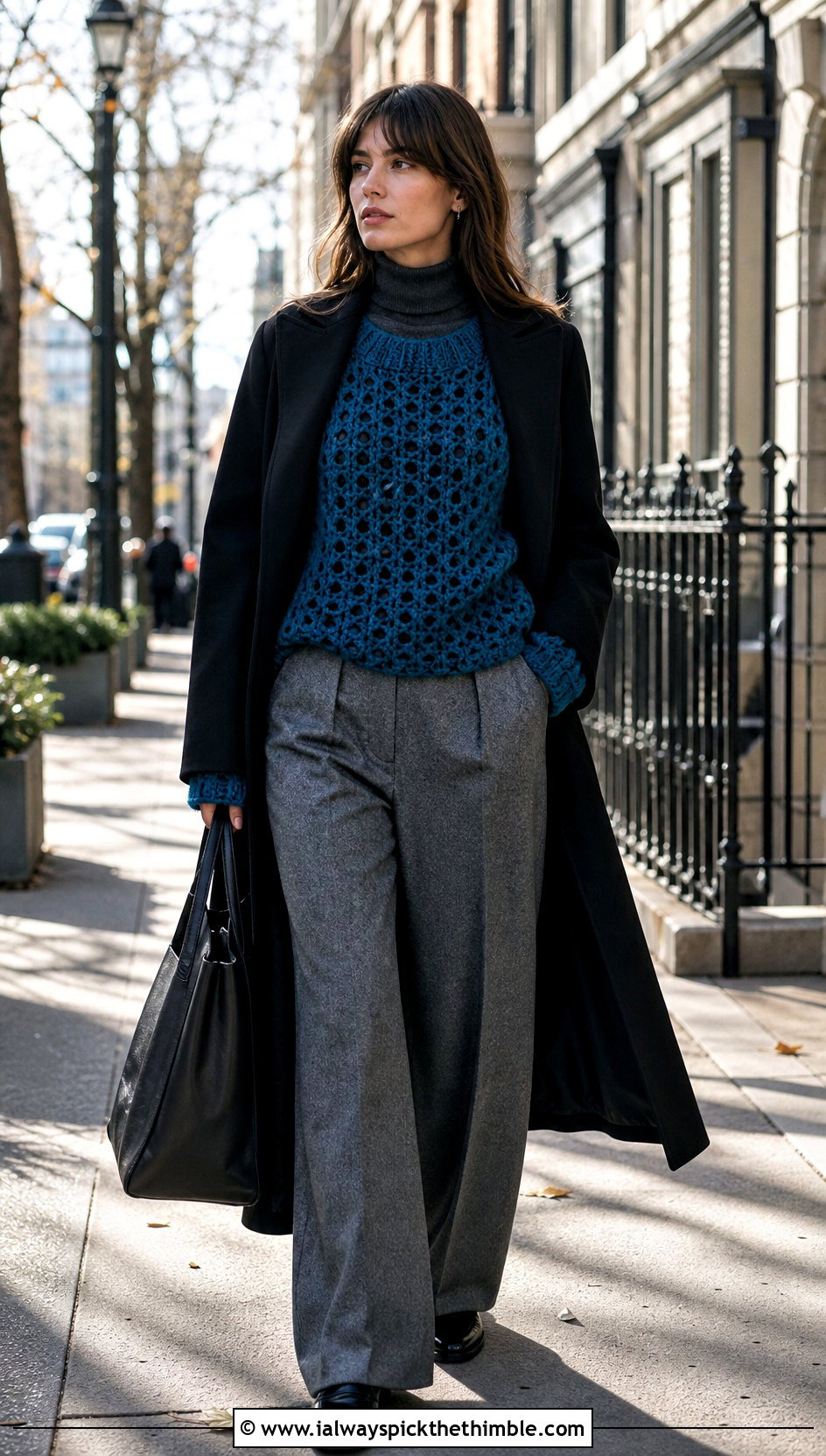 Long Sleeve Granny Top With Wool Trousers - 20 crochet granny top outfit ideas