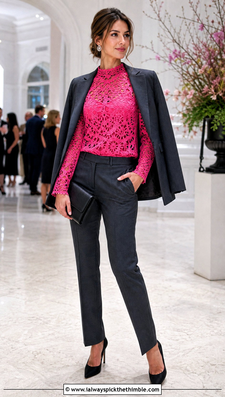 Long Sleeve Lace Crochet Blouse With Tailored Suit - 15 Beginner Crochet Blouse outfit ideas