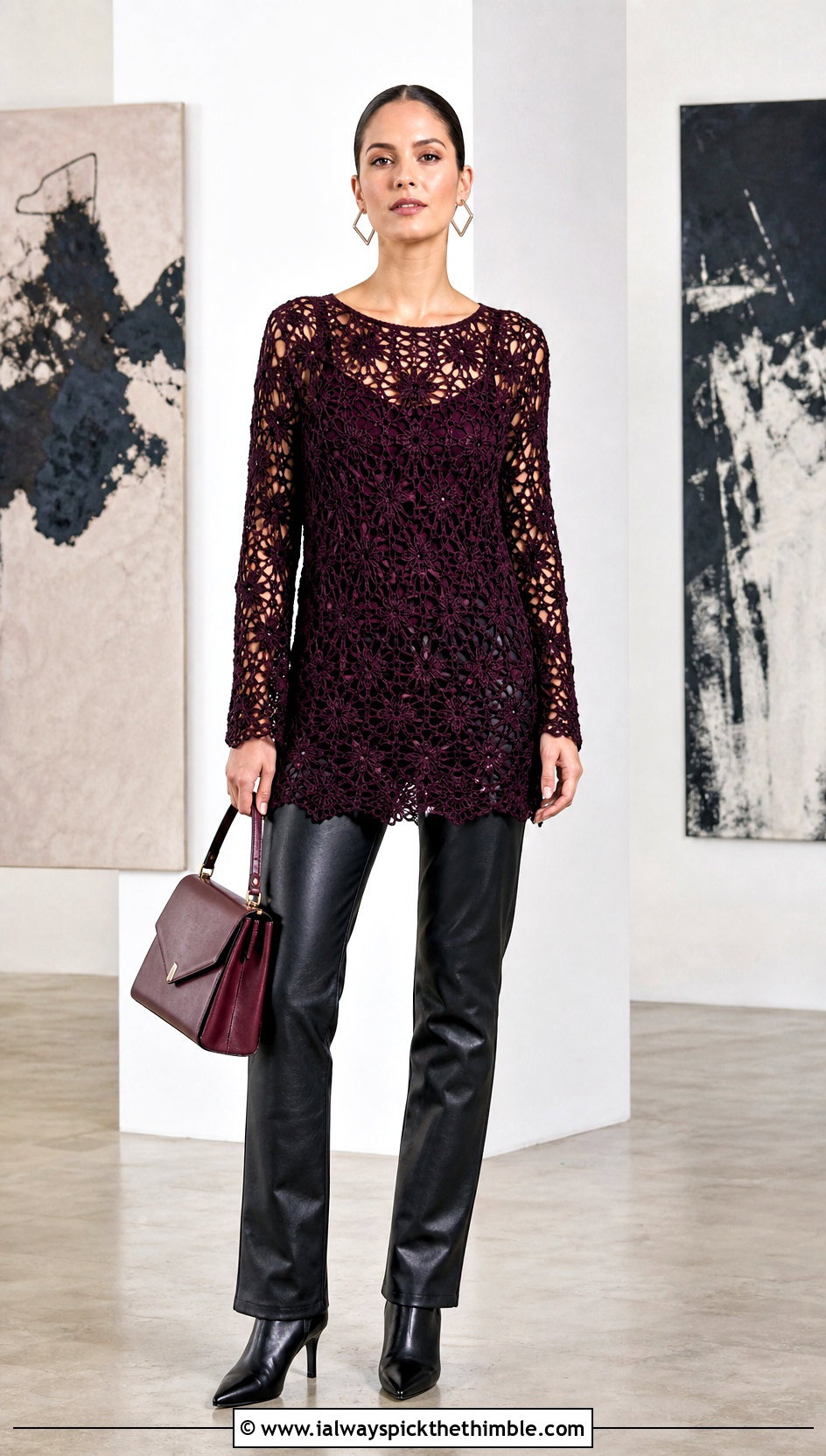 Long Sleeve Lace Crochet Tunic With Leather Pants - 15 Crochet Tunics For Women outfit ideas