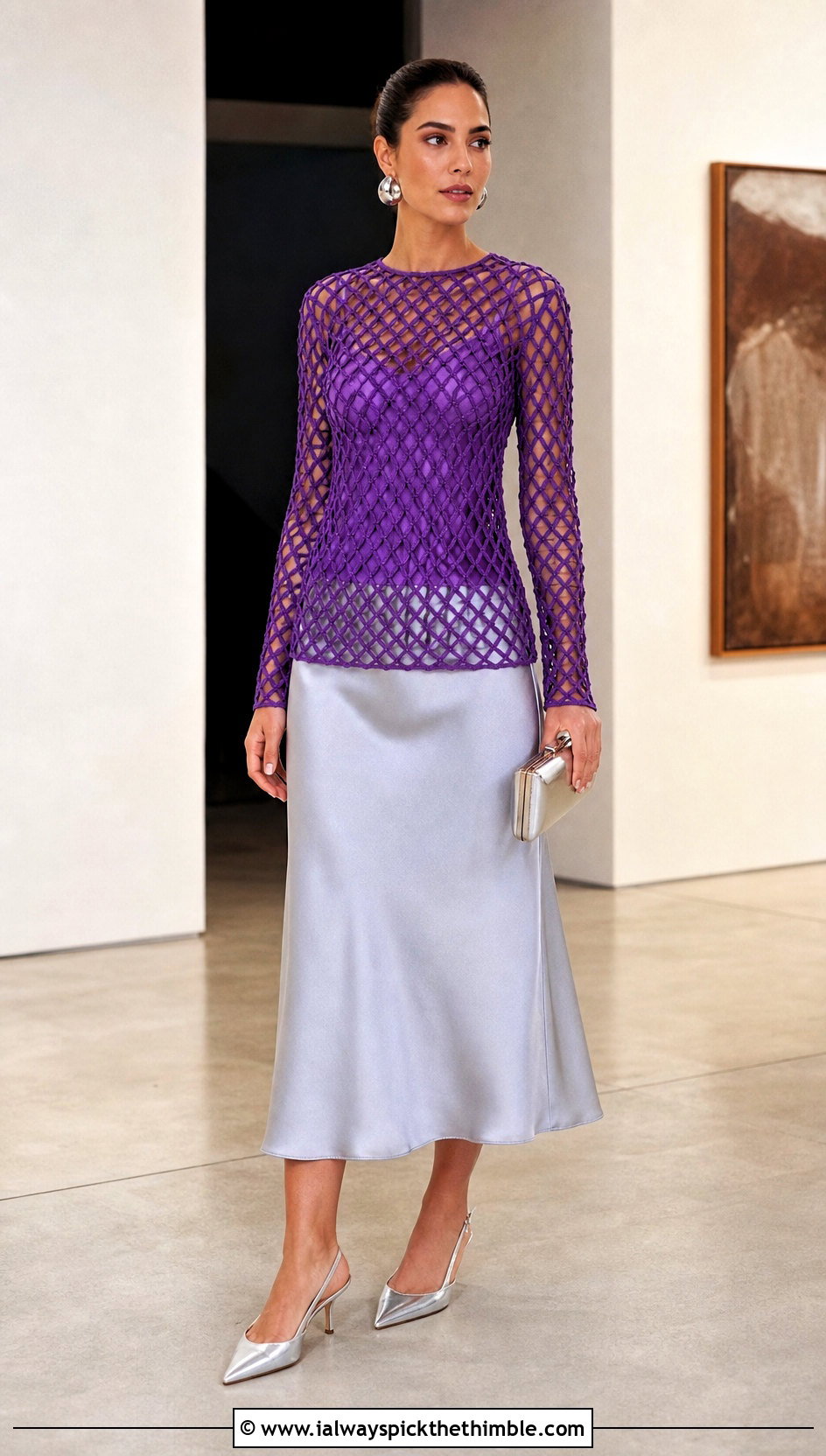 Long Sleeve Lattice Crochet Mesh Top With Satin Midi Skirt - 25 crochet mesh top outfit ideas