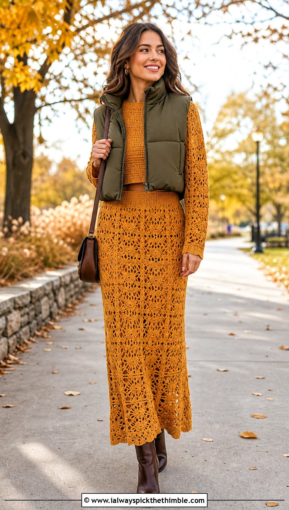 Long Sleeve Maxi Crochet Skirt Set With Puffer Vest - 20 two piece crochet skirt set outfit ideas