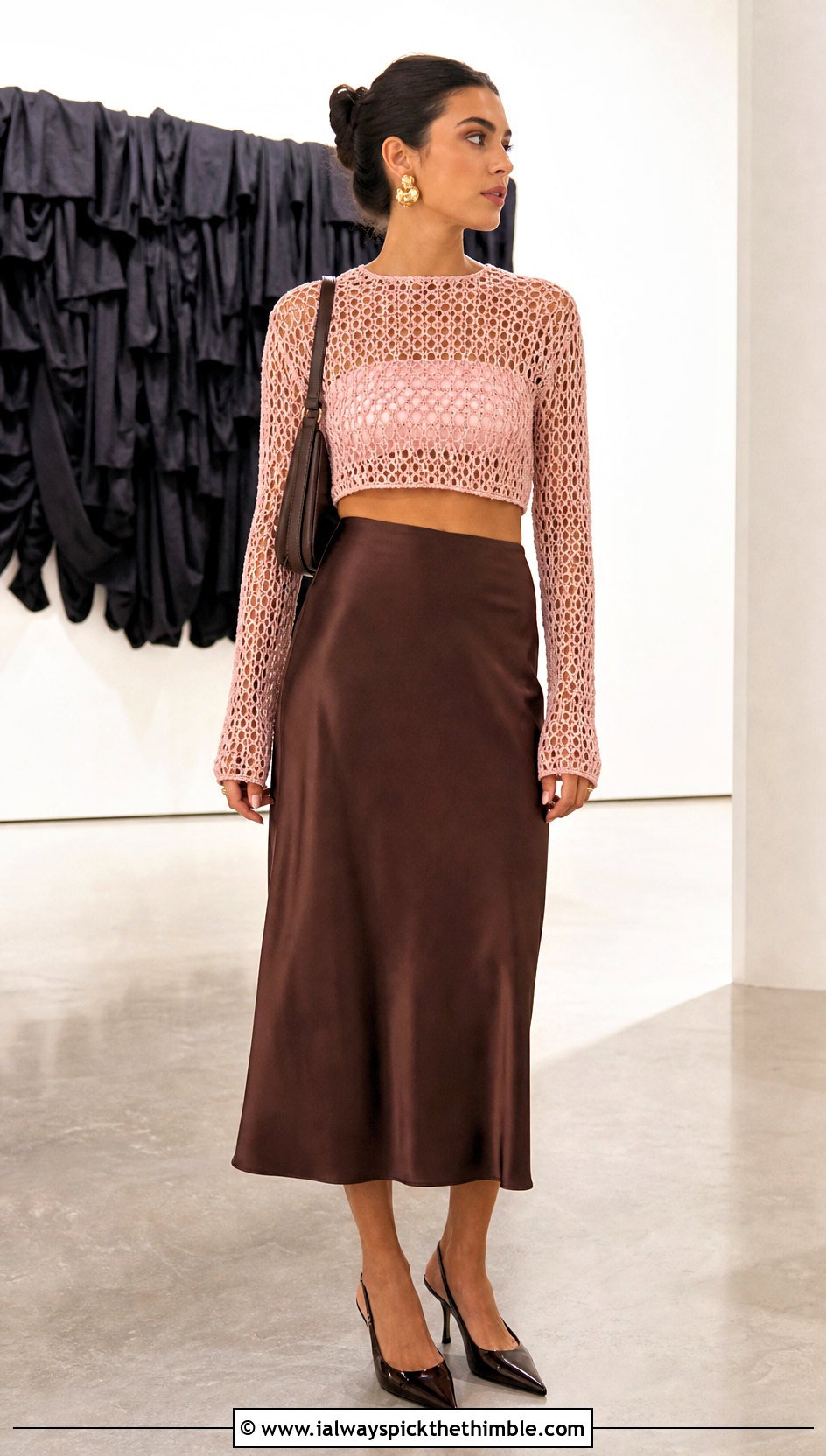 Long Sleeve Mesh Crochet Crop Top With Satin Midi Skirt - 20 Crochet Crop Top Inspiration outfit ideas