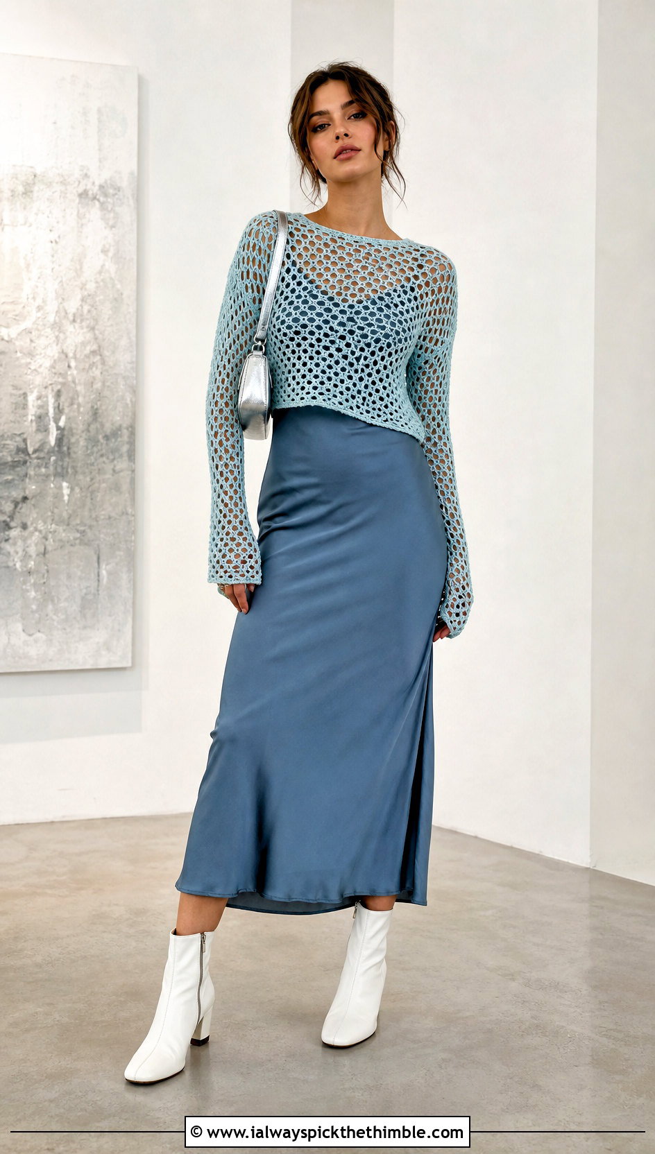 Long Sleeve Mesh Crochet Crop Top With Slip Dress - 20 quick crochet crop top outfit ideas