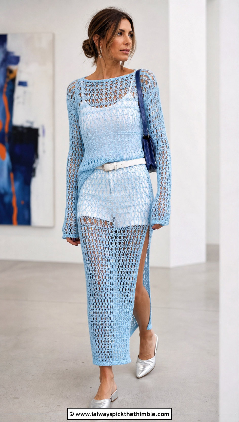 Long Sleeve Mesh Crochet Dress With Tailored Shorts - 25 crochet summer dress outfit ideas