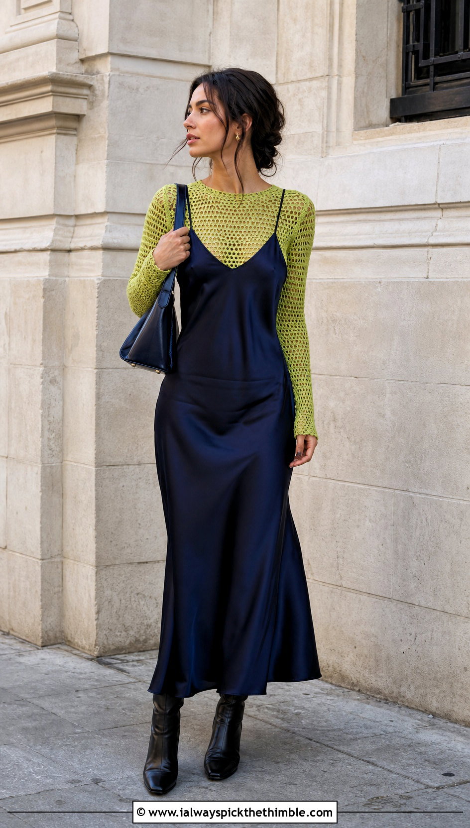 Long Sleeve Mesh Crochet Fitted Top With Slip Dress - 25 crochet fitted top outfit ideas