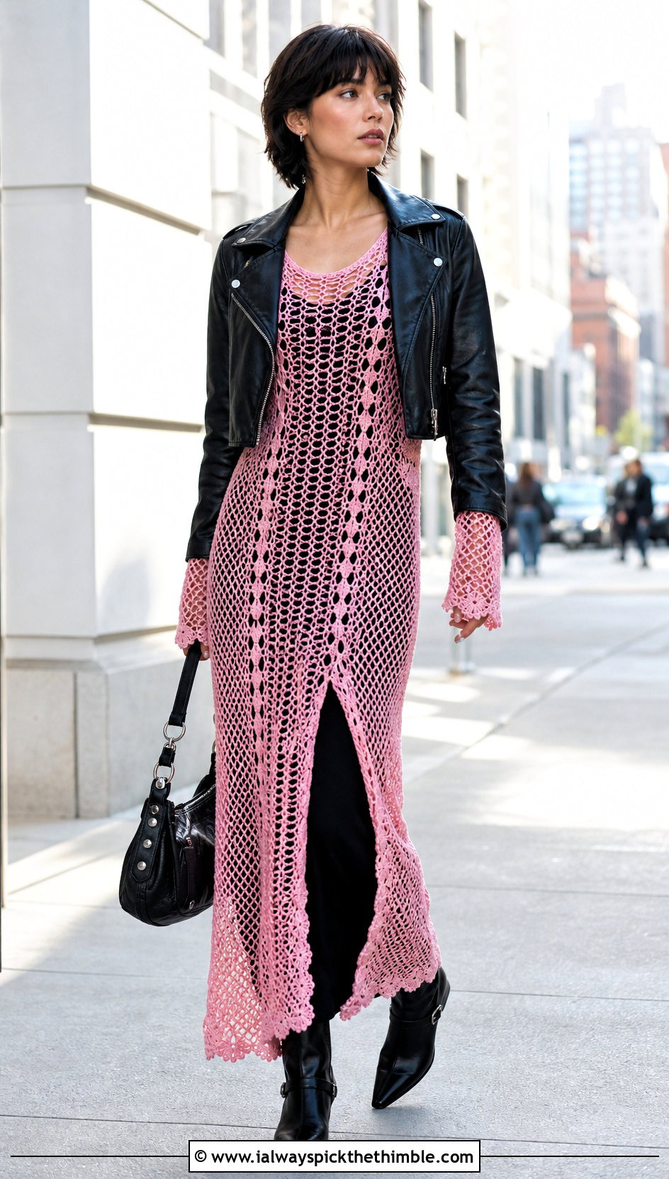 Long Sleeve Mesh Crochet Nightgown With Leather Jacket - 25 crochet nightgown outfit ideas