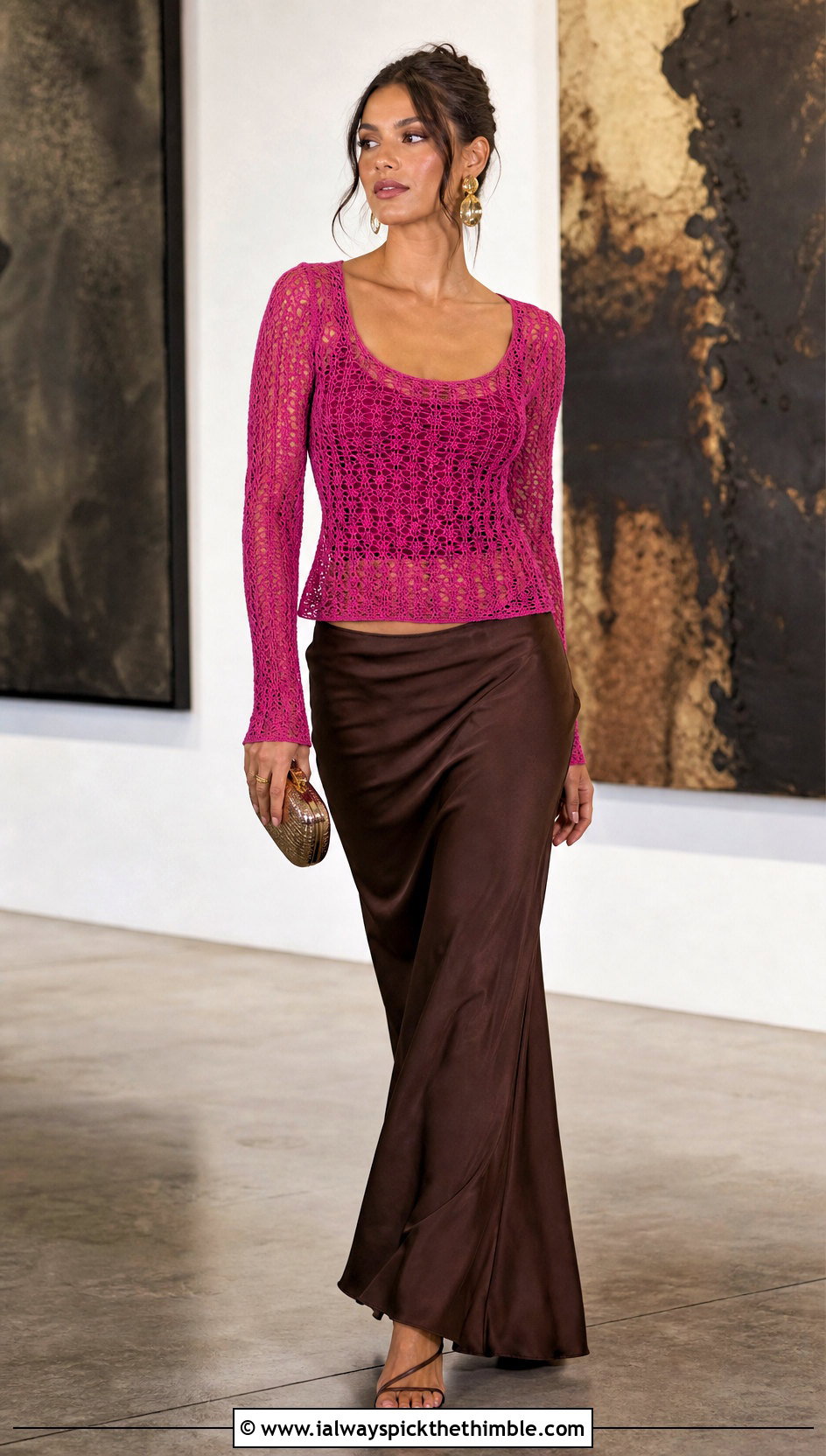 Long Sleeve Mesh Crochet Scoop Neck Top With Satin Maxi Skirt - 20 crochet scoop neck top outfit ideas