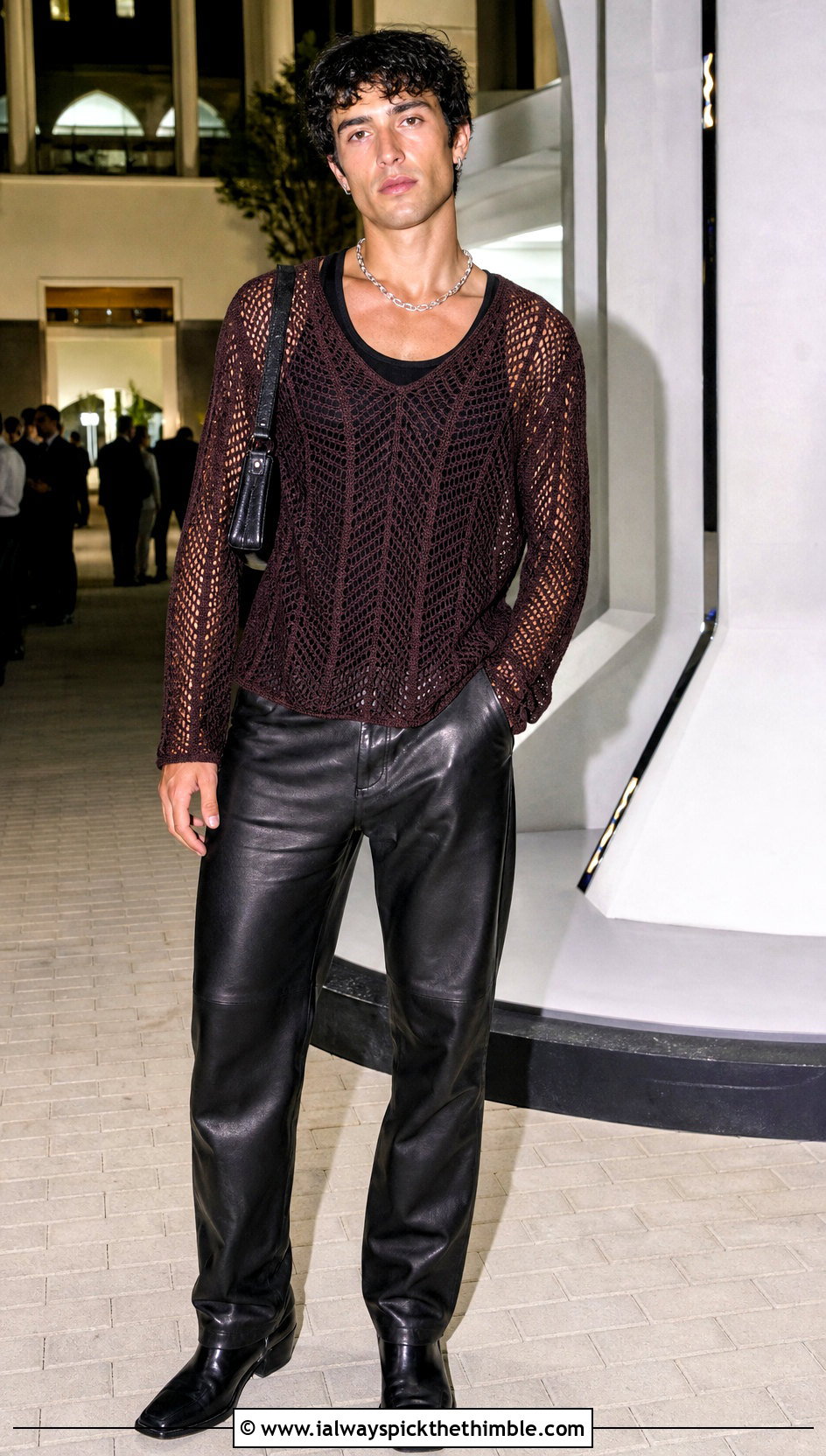 Long Sleeve Mesh Crochet Shirt With Leather Pants - 20 men crochet top outfit ideas