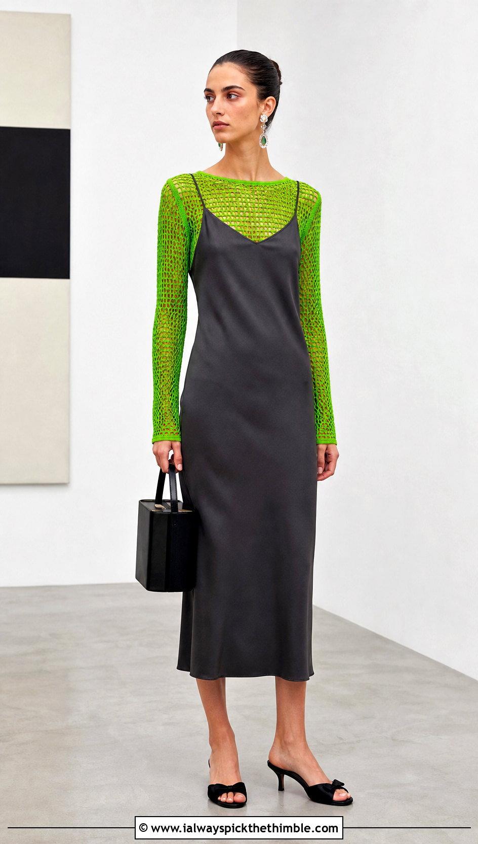 Long Sleeve Mesh Crochet Top Under A Slip Dress - 25 Elegant Crochet Top outfit ideas