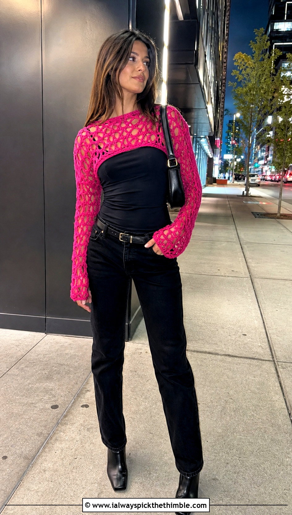 Long Sleeve Mesh Crochet Top With Black Jeans - 25 freehand crochet top outfit ideas