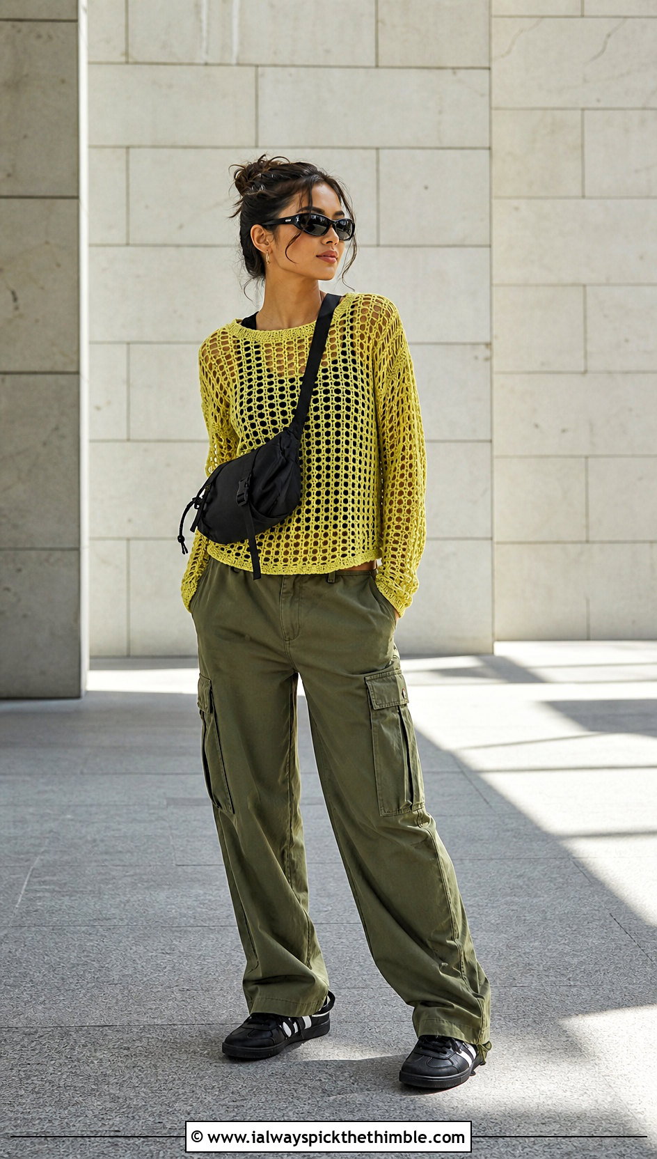 Long Sleeve Mesh Crochet Top With Cargo Pants - 25 crochet simple top outfit ideas