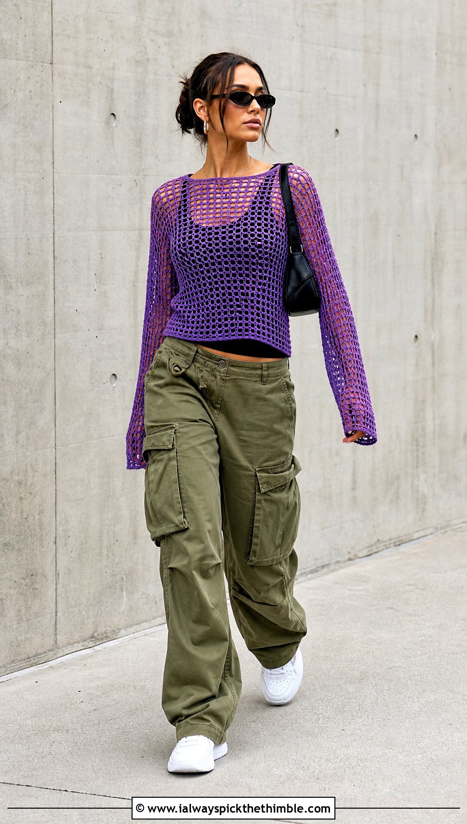 Long Sleeve Mesh Crochet Top With Cargo Pants - 25 crochet top sleeves outfit ideas