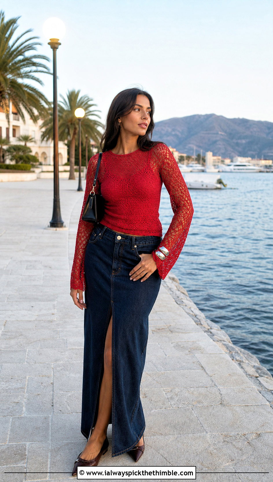 Long Sleeve Mesh Crochet Top With Denim Maxi Skirt - 15 boho crochet summer top outfit ideas