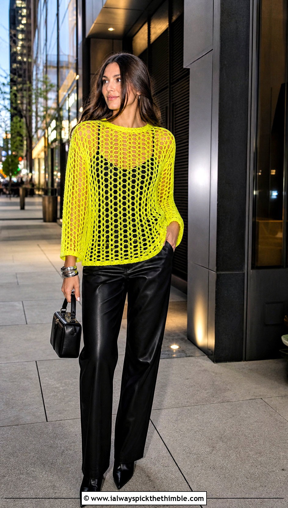 Long Sleeve Mesh Crochet Top With Leather Pants - 20 cute crocheted tops outfit ideas