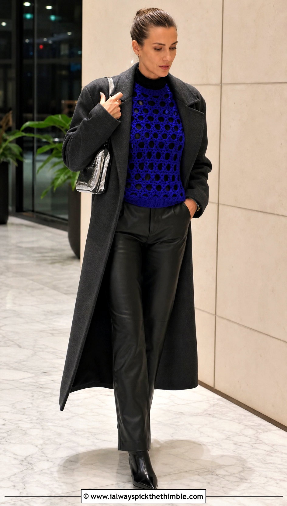 Long Sleeve Mesh Crochet Top With Leather Pants - 25 winter crochet top outfit ideas