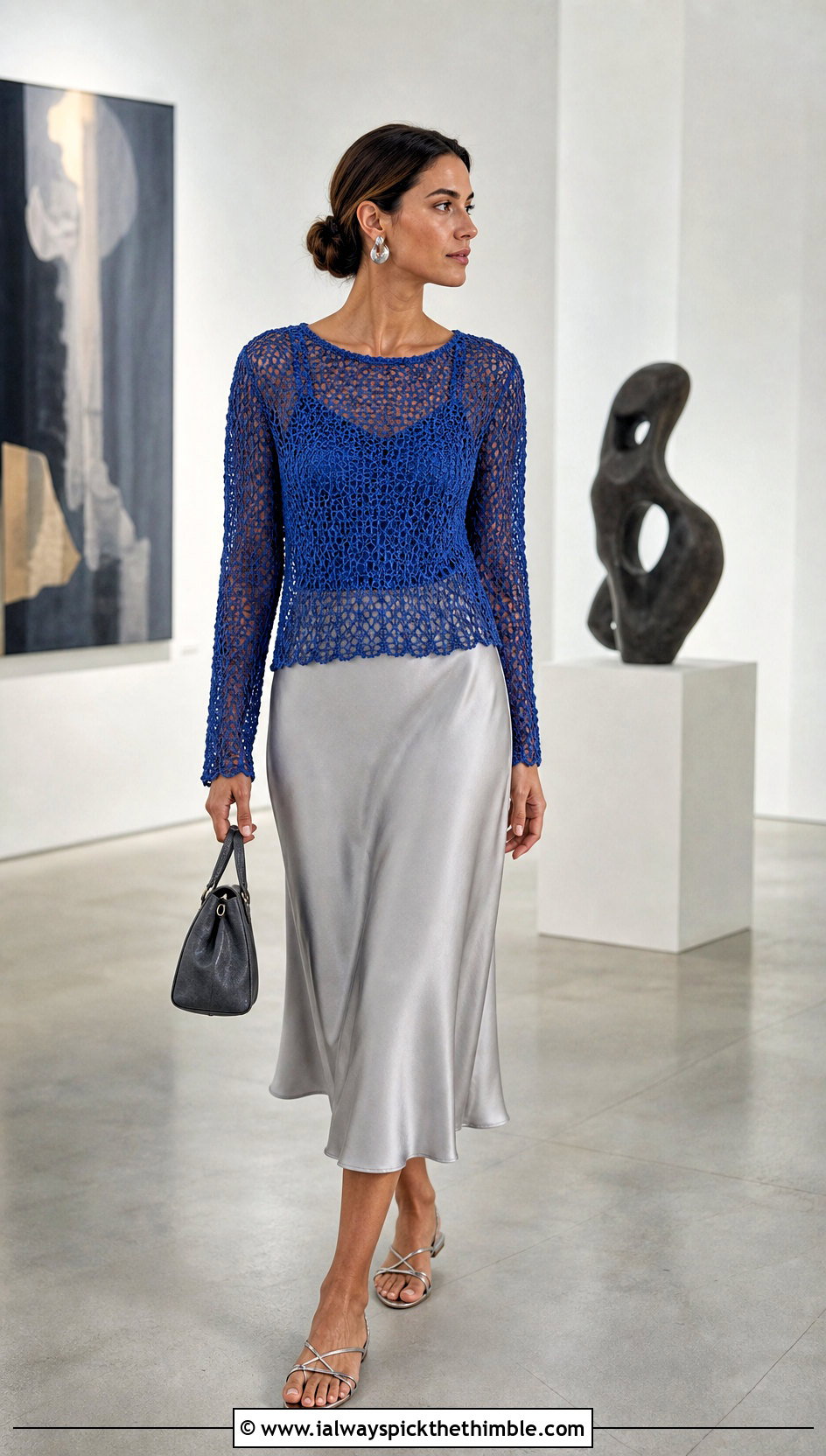 Long Sleeve Mesh Crochet Top With Satin Midi Skirt - 25 aesthetic crochet summer tops outfit ideas