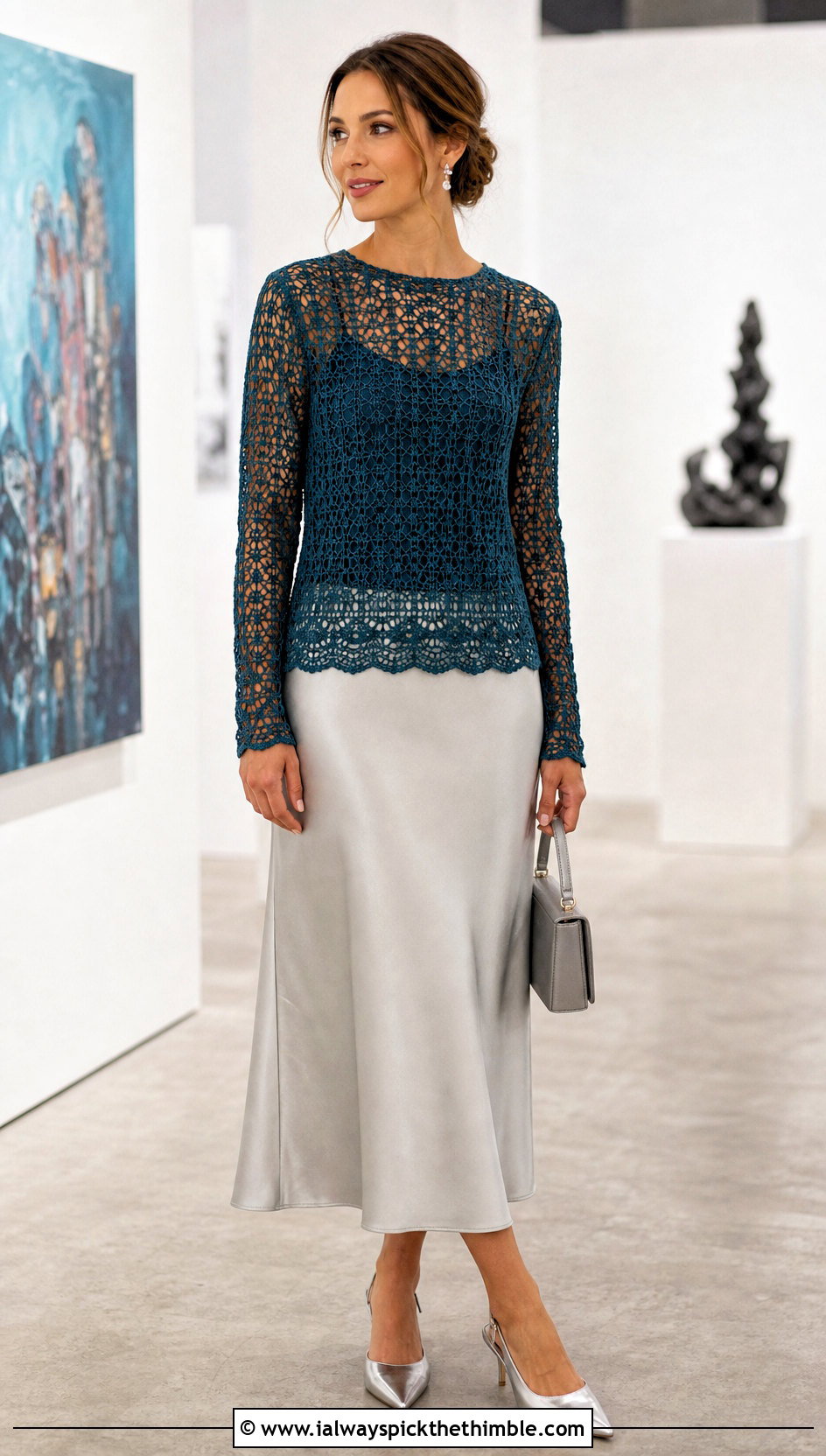 Long Sleeve Mesh Crochet Top With Satin Midi Skirt - 25 cute crochet tops outfit ideas