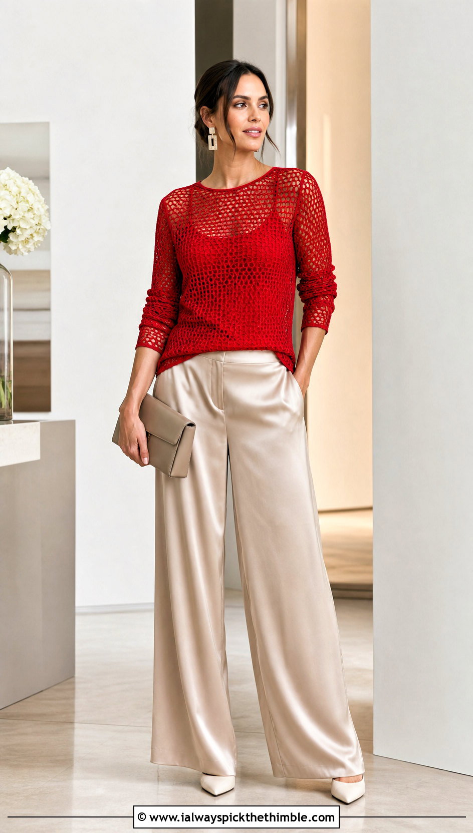 Long Sleeve Mesh Crochet Top With Satin Pants - 20 lightweight crochet top outfit ideas