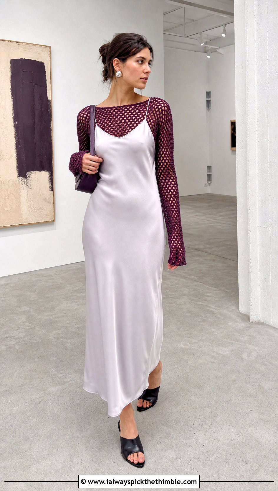 Long Sleeve Mesh Crochet Top With Slip Dress - 20 Spring Crochet Tops outfit ideas