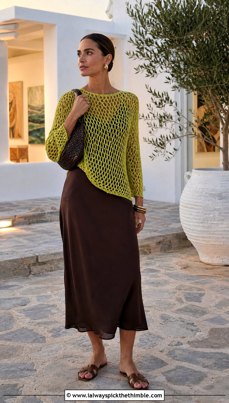 Long Sleeve Mesh Crochet Top With Slip Dress - 25 crochet tops for summer outfit ideas