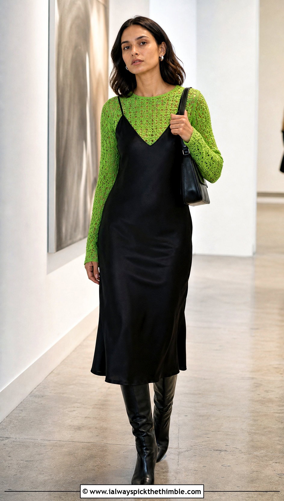 Long Sleeve Mesh Crochet Top With Slip Dress - 15 crochet top with openwork outfit ideas