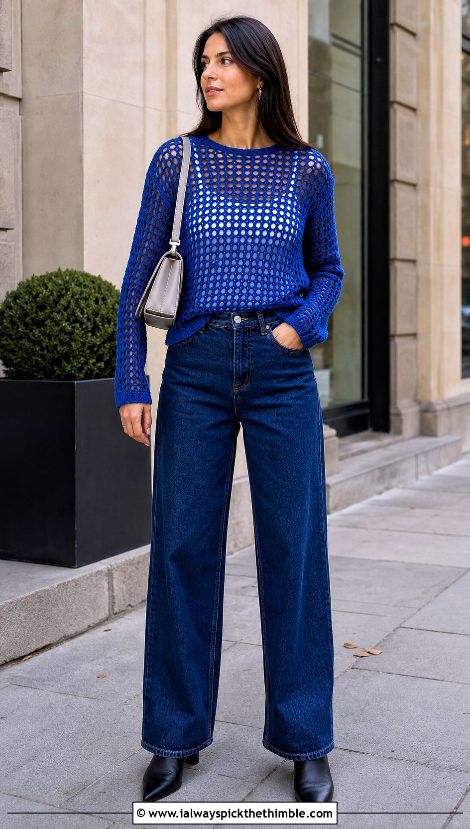 Long Sleeve Mesh Crochet Top With Wide Leg Jeans - 20 crochet fall tops outfit ideas