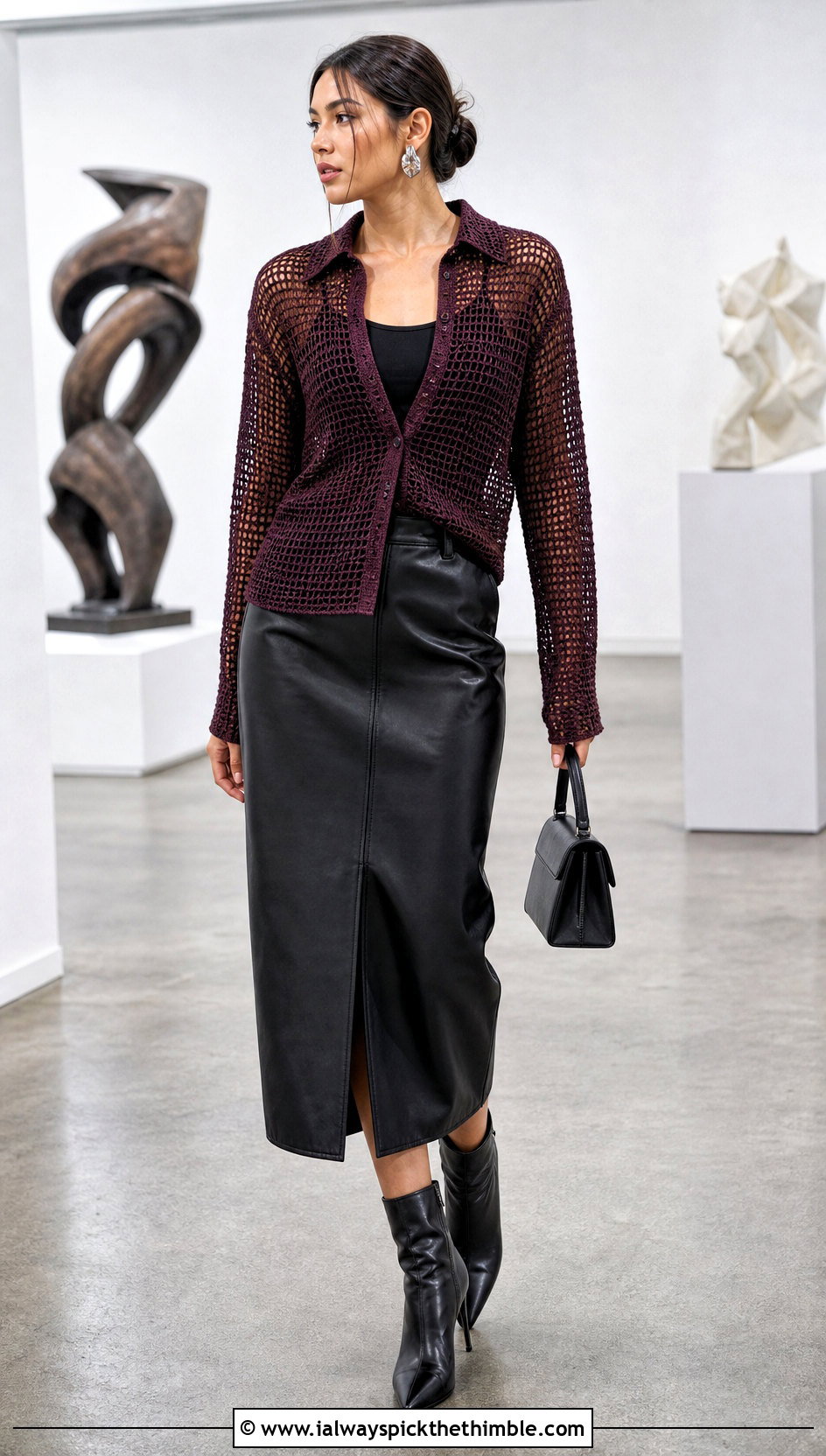 Long Sleeve Mesh Spread Collar Crochet Shirt With Leather Skirt - 25 crochet collared shirt outfit ideas