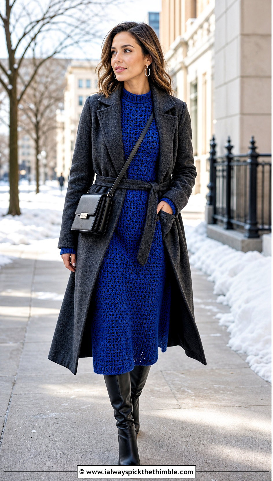 Long Sleeve Midi Crochet Winter Dress With Knee High Boots - 25 crochet winter dress outfit ideas