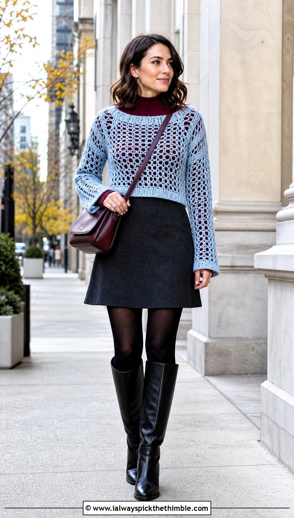 Long Sleeve Openwork Crochet Peekaboo Top With Mini Skirt - 15 crochet peekaboo top outfit ideas