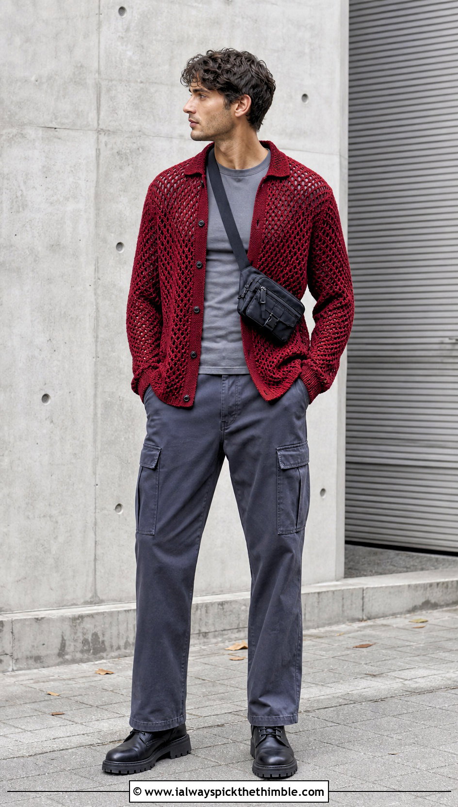 Long Sleeve Openwork Crochet Shirt With Cargo Pants - 25 crochet male shirt outfit ideas