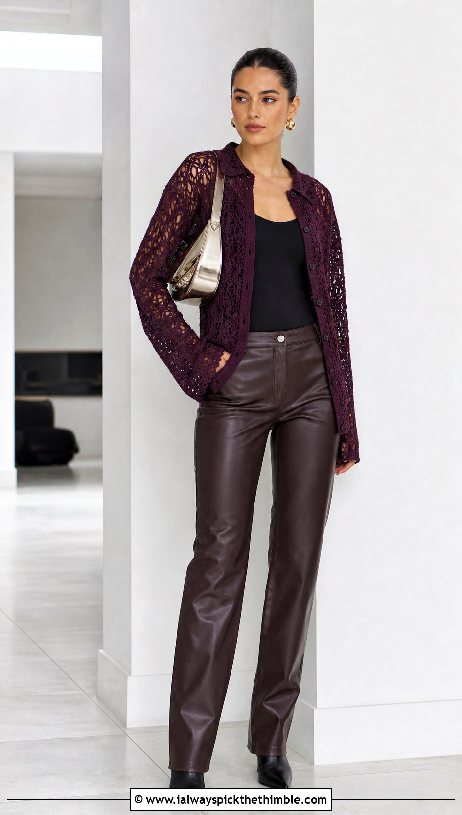Long Sleeve Openwork Crochet Shirt With Leather Pants - 25 crochet shirts outfit ideas