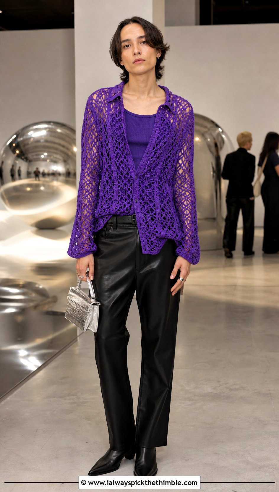 Long Sleeve Openwork Crochet Shirt With Leather Pants - 20 crochet unisex shirt outfit ideas