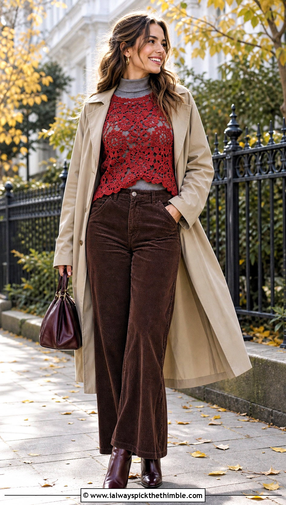 Long Sleeve Openwork Floral Crochet Blouse With Corduroy Pants - 15 floral crochet blouse style outfit ideas