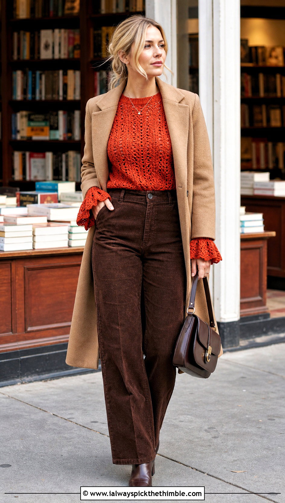 Long Sleeve Ruffle Cuff Crochet Top With Corduroy Trousers - 15 Crochet Ruffle Edging Top outfit ideas