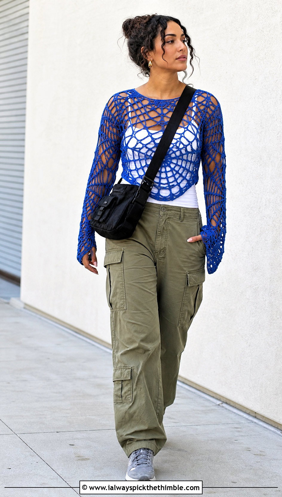 Long Sleeve Spiderweb Crochet Top With Cargo Pants - 20 crochet spiderweb top outfit ideas