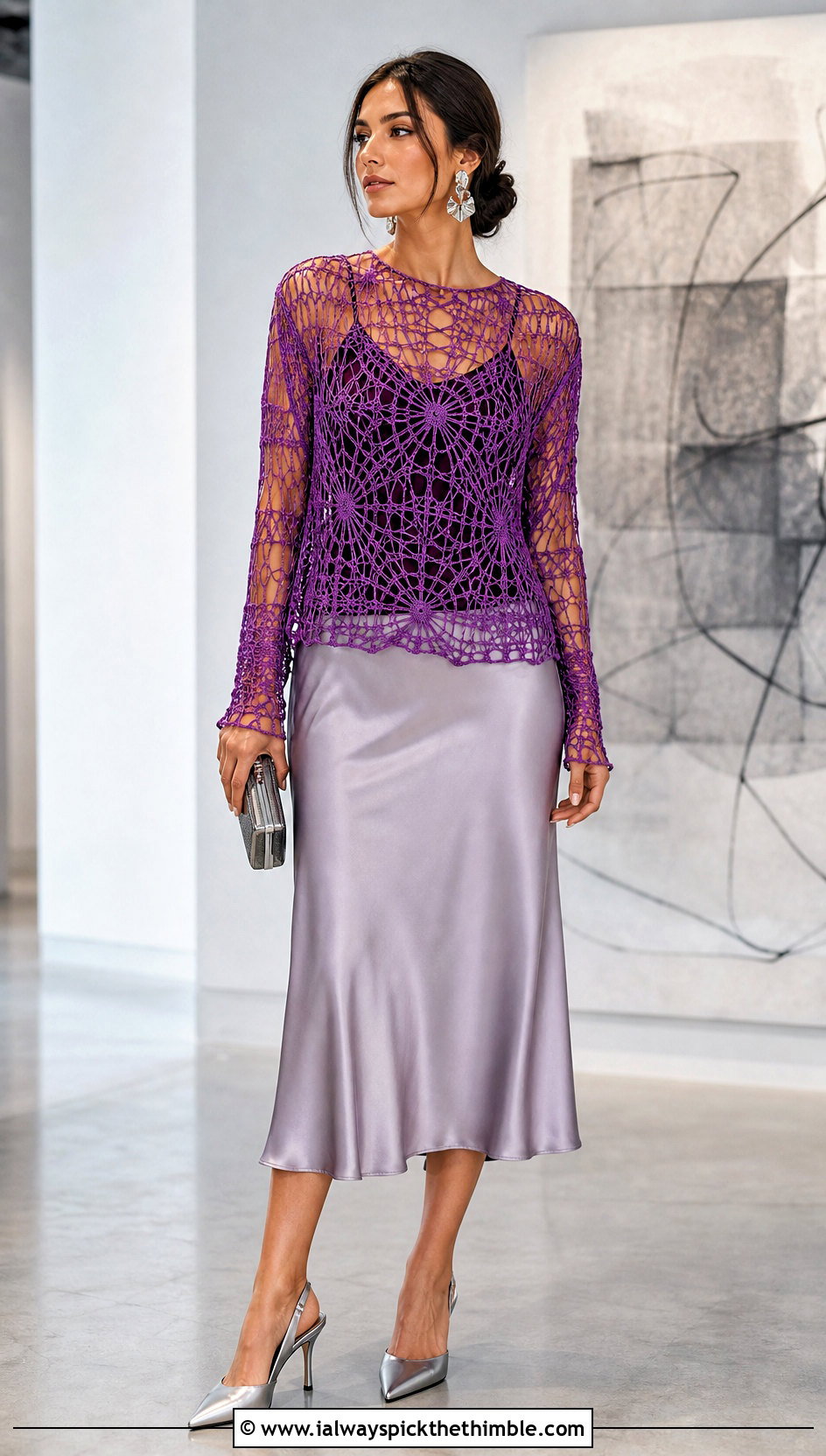 Long Sleeve Spiderweb Crochet Top With Satin Midi Skirt - 25 crochet net top outfit ideas