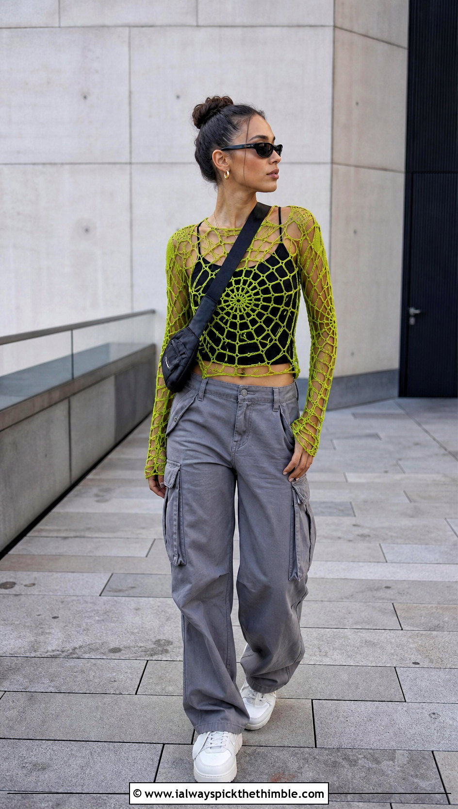 Long Sleeve Spiderweb Top With Cargo Pants - 20 Crochet Cobweb Top outfit ideas