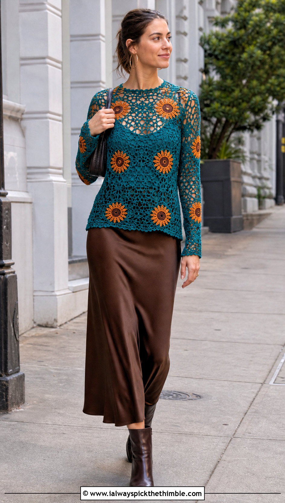 Long Sleeve Sunflower Crochet Mesh Top With A Slip Skirt - 20 sunflower crochet top outfit ideas