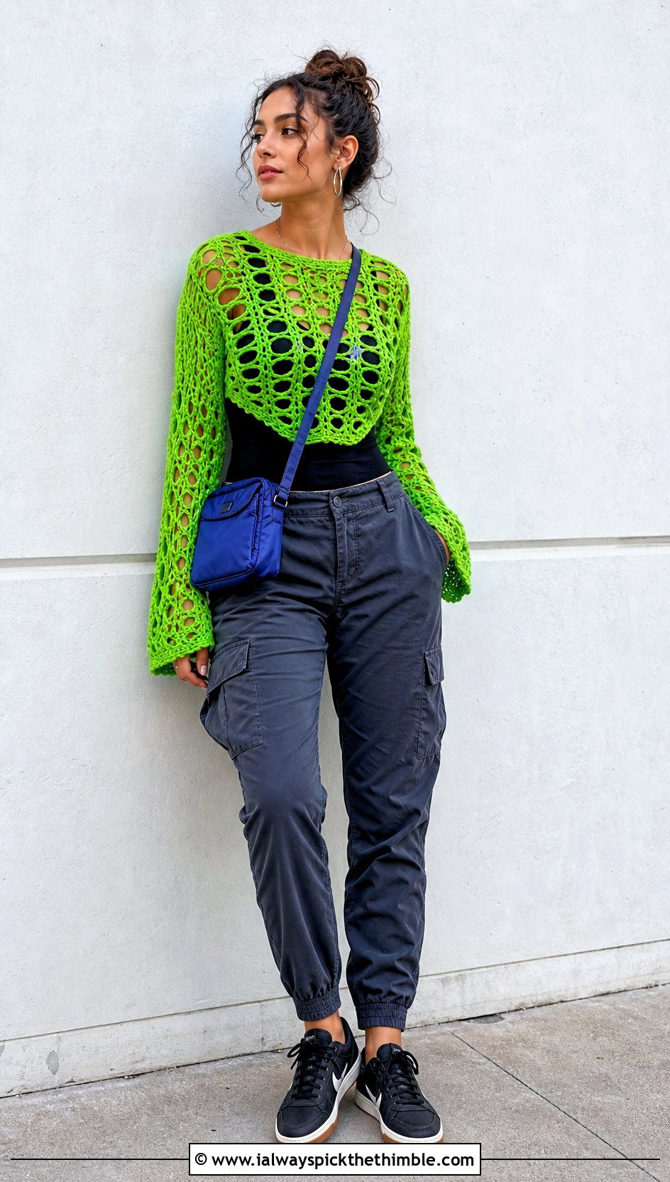 Long Sleeve Vintage Crochet Mesh Top With Cargo Pants - 15 vintage crochet top design outfit ideas