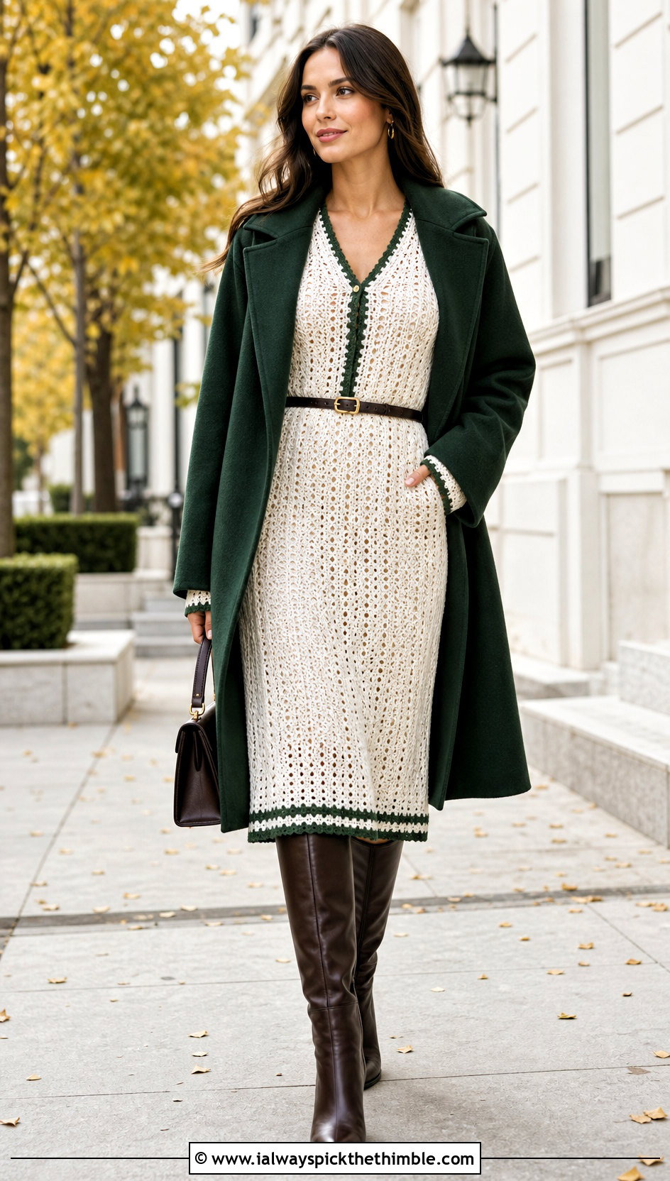 Long Sleeve White Crochet Midi Dress With Knee High Boots - 20 White Crochet Midi Dress outfit ideas