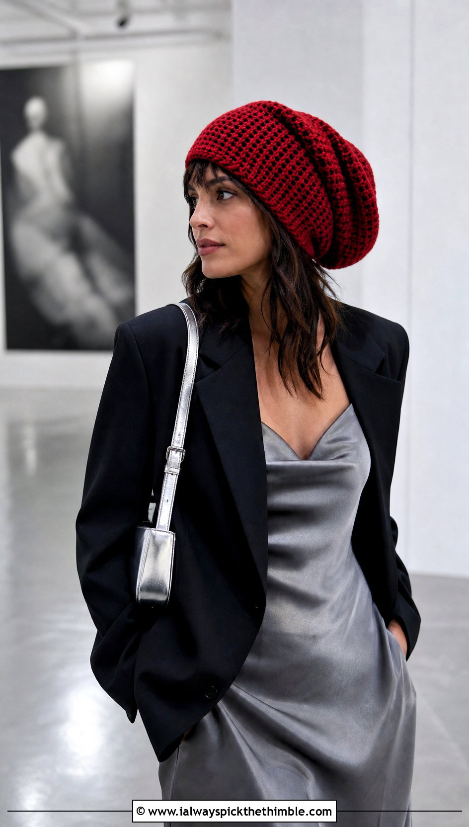 Long Slouch Waffle Crochet Beanie With Slip Dress And Oversized Blazer - 20 waffle crochet beanie outfit ideas