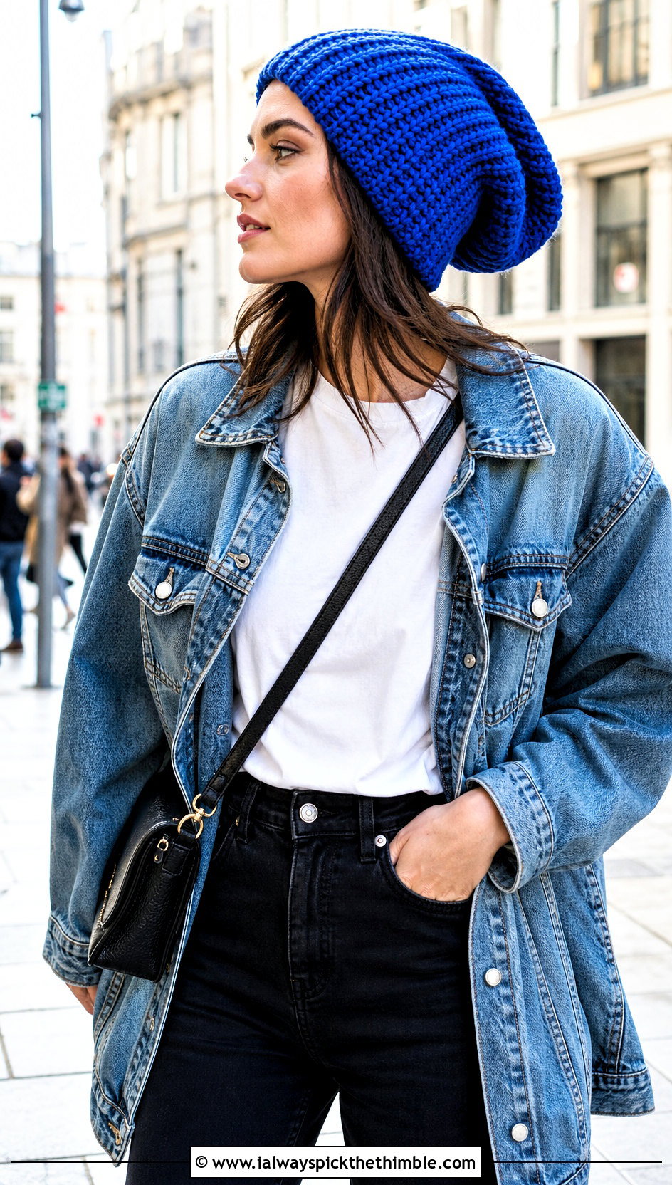 Long Slouchy Crochet Hat With Denim Jacket - 20 Long Crochet Hat outfit ideas