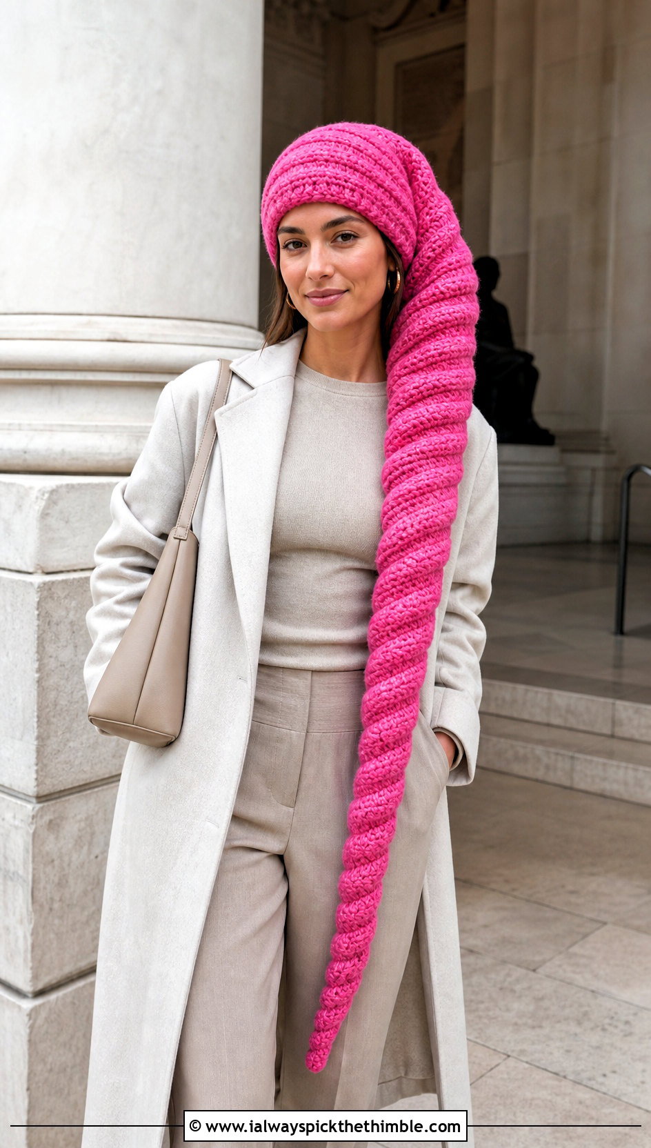 Long Spiral Crochet Hat With Monochrome Outfit - 20 Long Crochet Hat outfit ideas